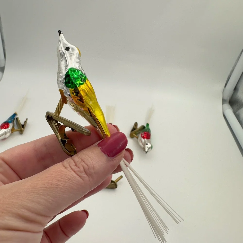 Vintage Mercury Glass Bird Christmas Ornaments Tails Set of 5 - 2 missing clips